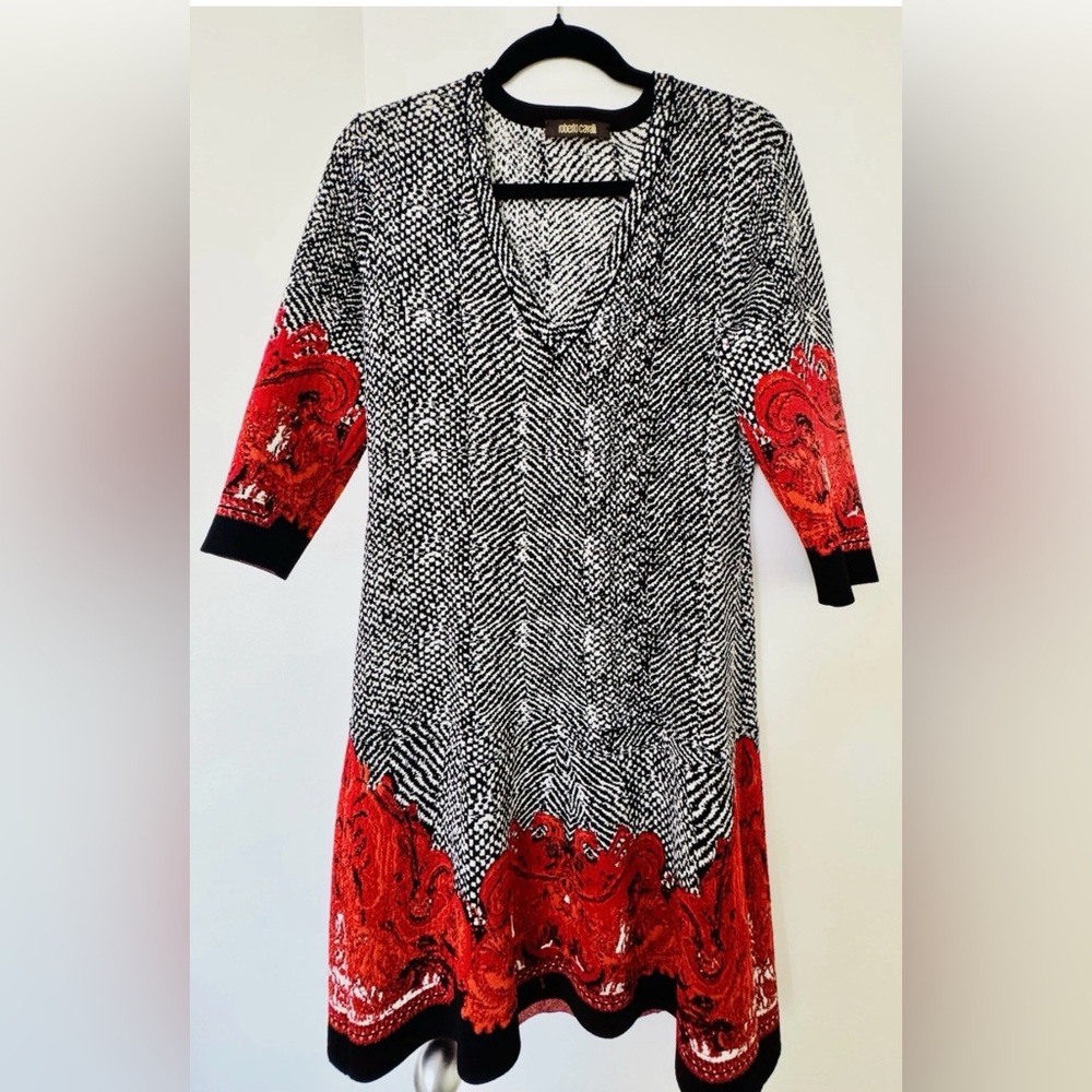 ROBERTO CAVALLI Fabulous Black and Red Patterned Dress, size 48/L